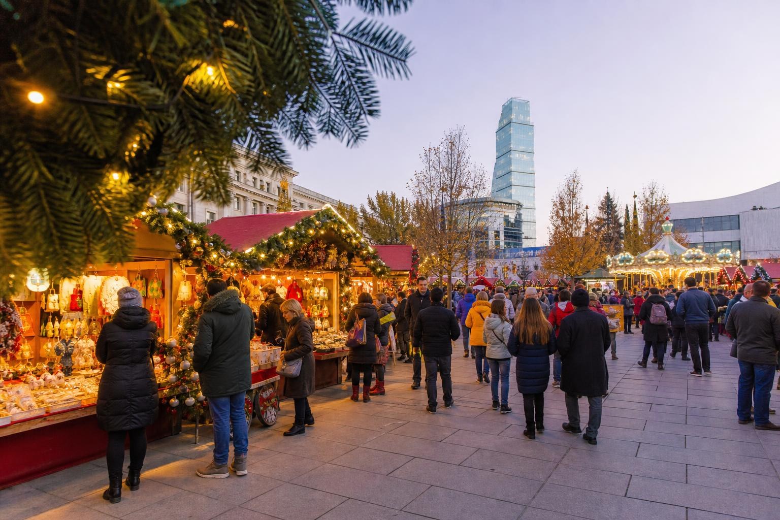 Crowded Christmas market in Tbilisi at dusk with illuminated wooden stalls, a carousel, and the glass Biltmore Hotel skyscraper in the background.
