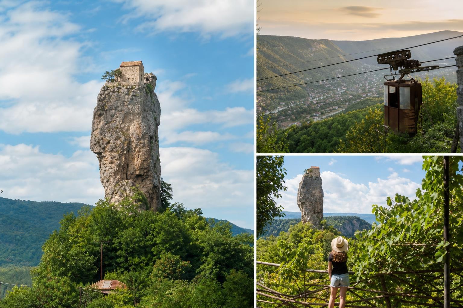 Collage of Katskhi Pillar's limestone monolith with a hilltop church, a rusty Soviet-era cable car in Chiatura, and a woman viewing the pillar.