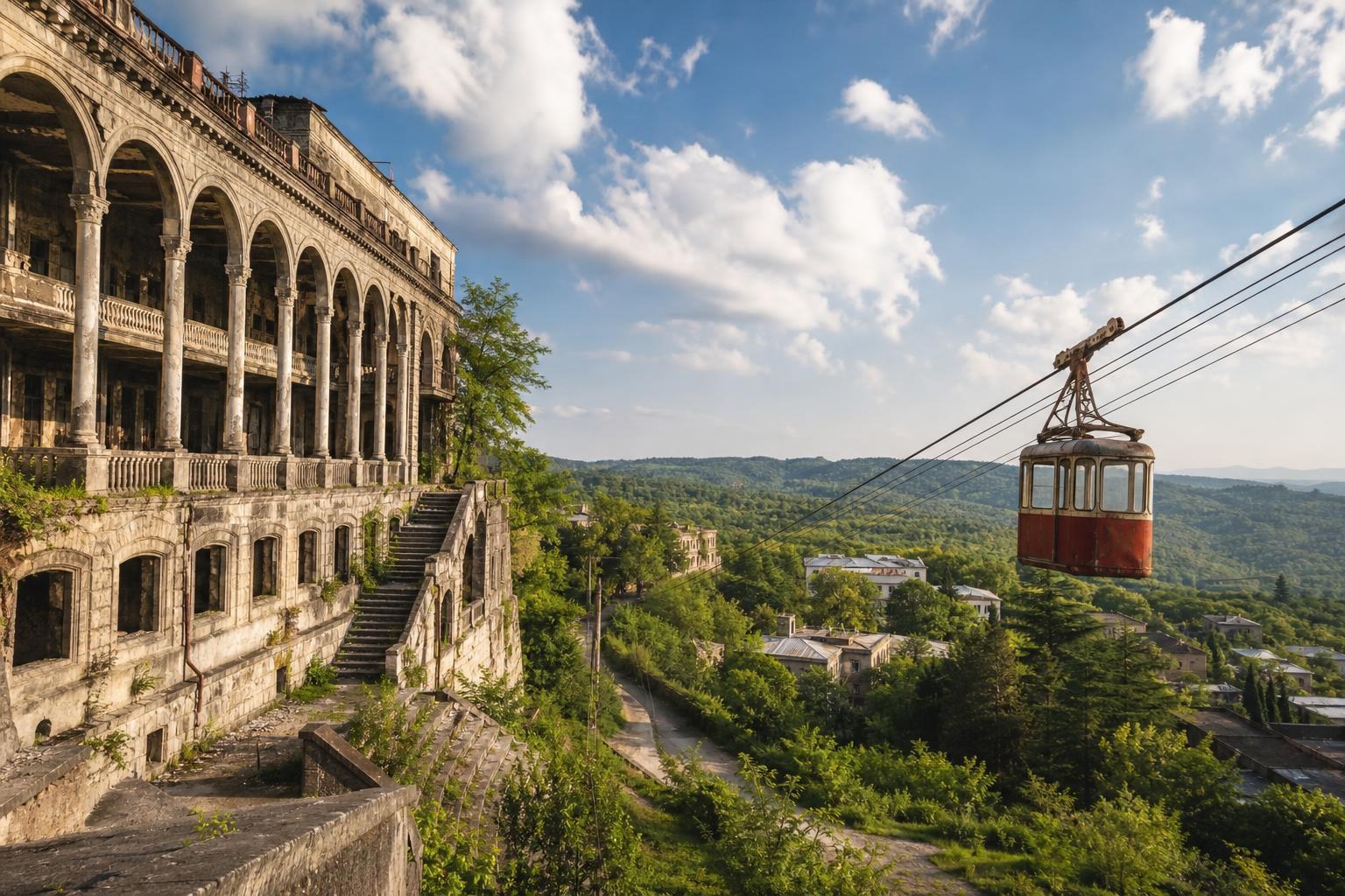 Decaying Soviet-era sanatorium with arched balconies next to a rusty red cable car suspended over a lush green valley under a blue sky.