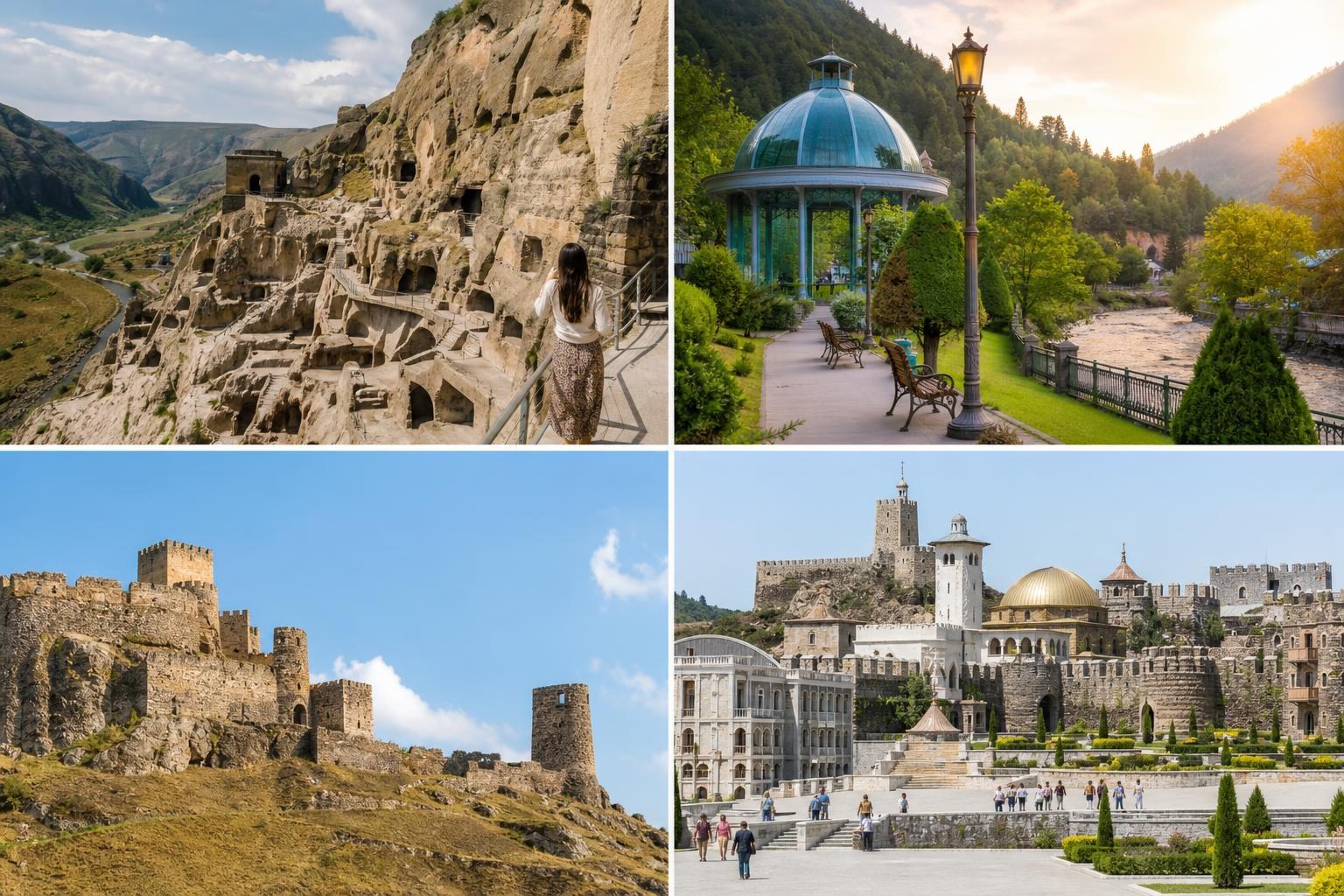 Four-panel collage of Georgian landmarks: Vardzia's rock-cut caves, Borjomi's glass pavilion, Khertvisi Fortress, and Rabati Castle's complex.