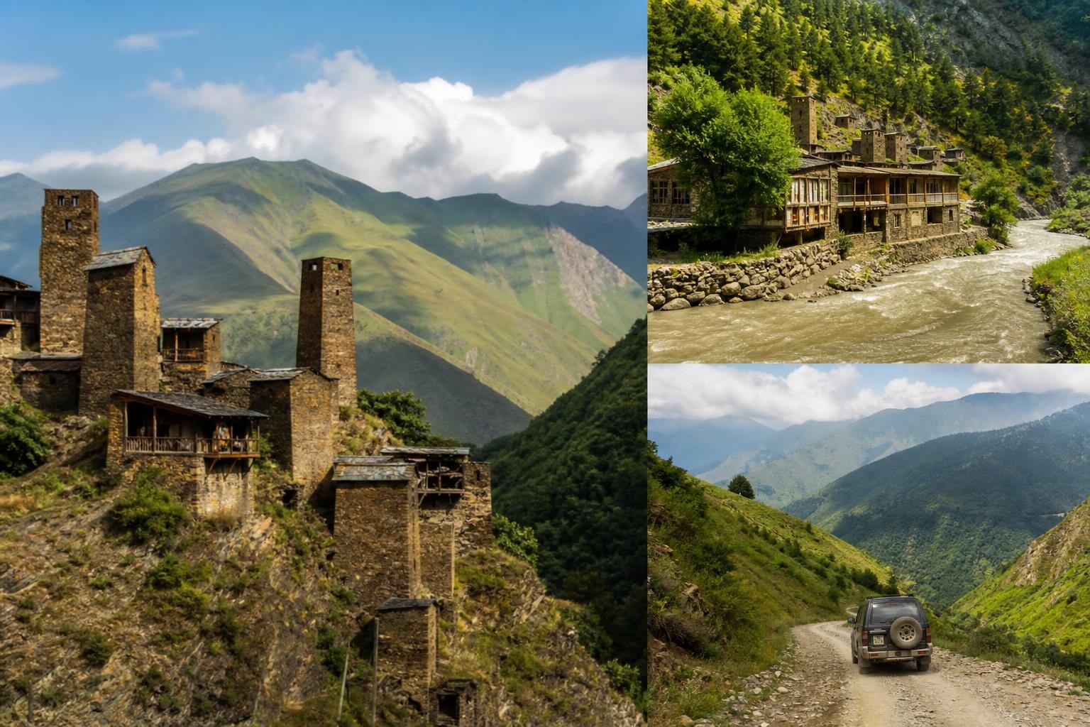 Collage of stone fortress towers on a cliff, a riverside village, and a 4x4 vehicle driving on a winding dirt road through green Georgian mountains.