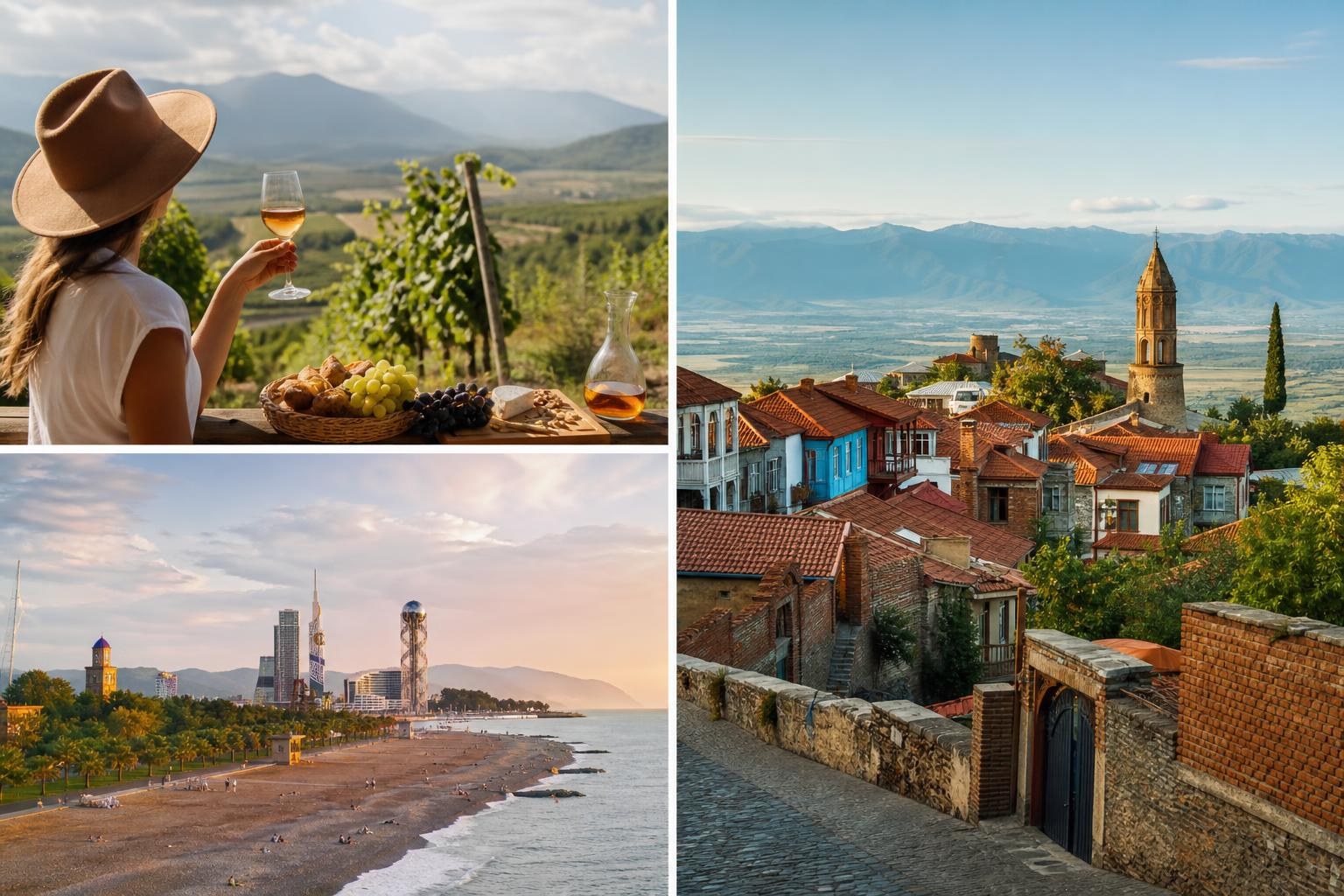 Collage of a woman tasting wine in a vineyard, the historic red-roofed town of Sighnaghi, and the modern Batumi skyline along the Black Sea coast.