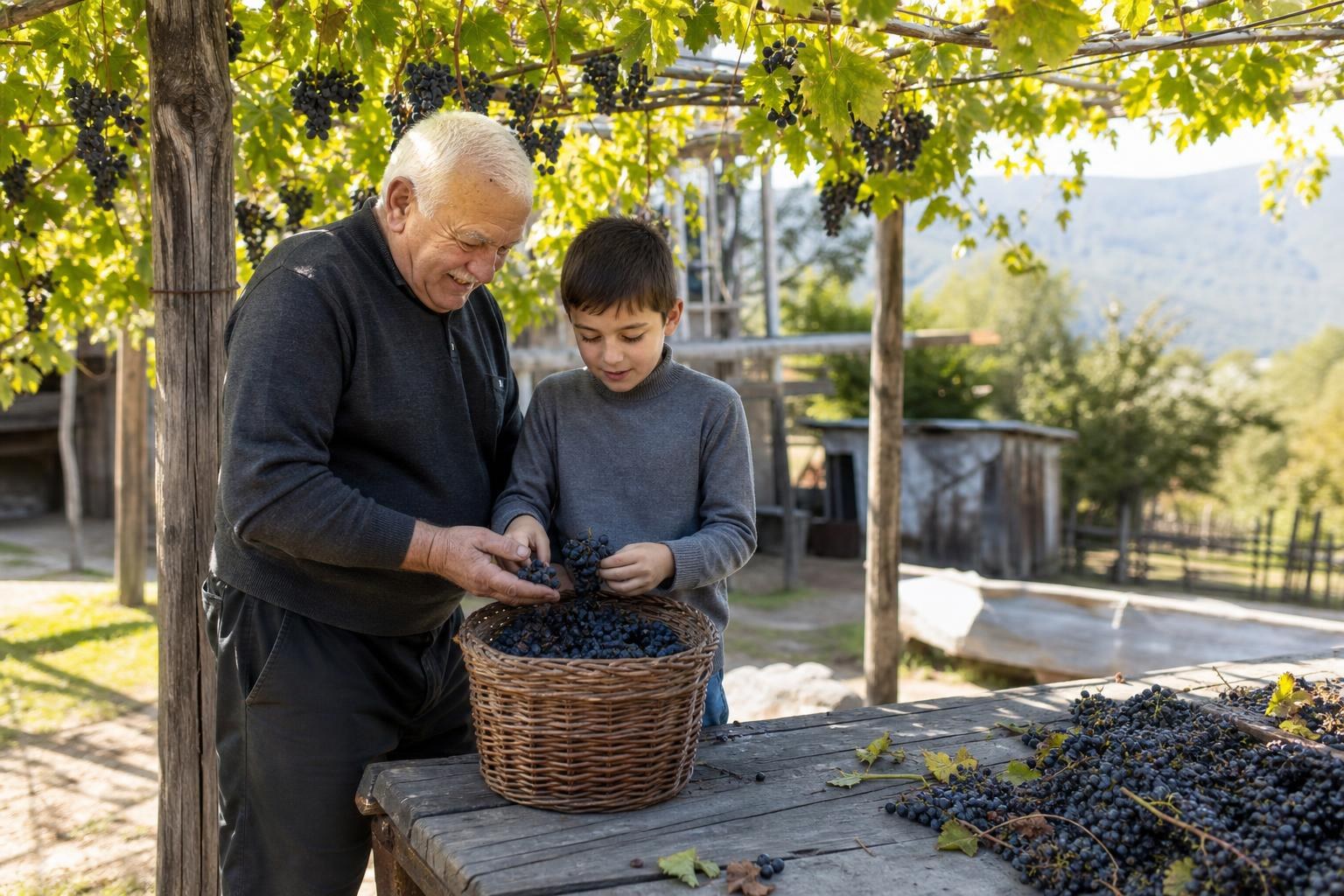 An elderly man and young boy sorting harvested purple grapes into a wicker basket under a sunlit vineyard trellis in rural Georgia.