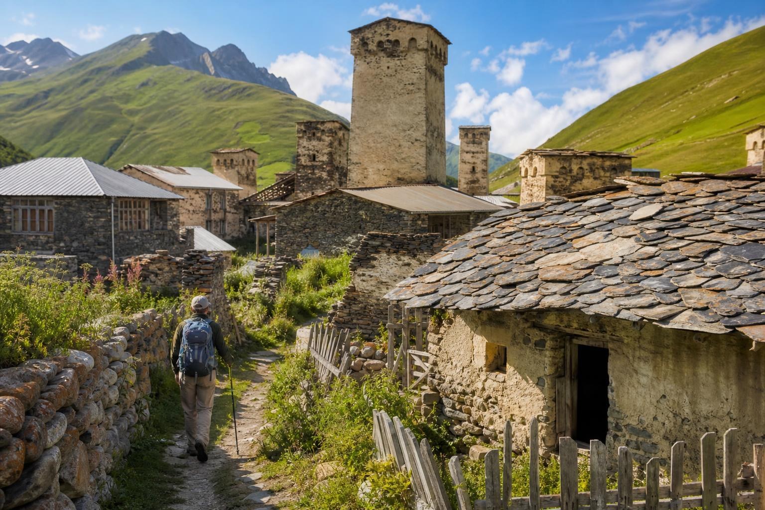Hiker with a backpack walking through the ancient stone towers and slate-roofed houses of Ushguli village nestled in the green Caucasus Mountains.
