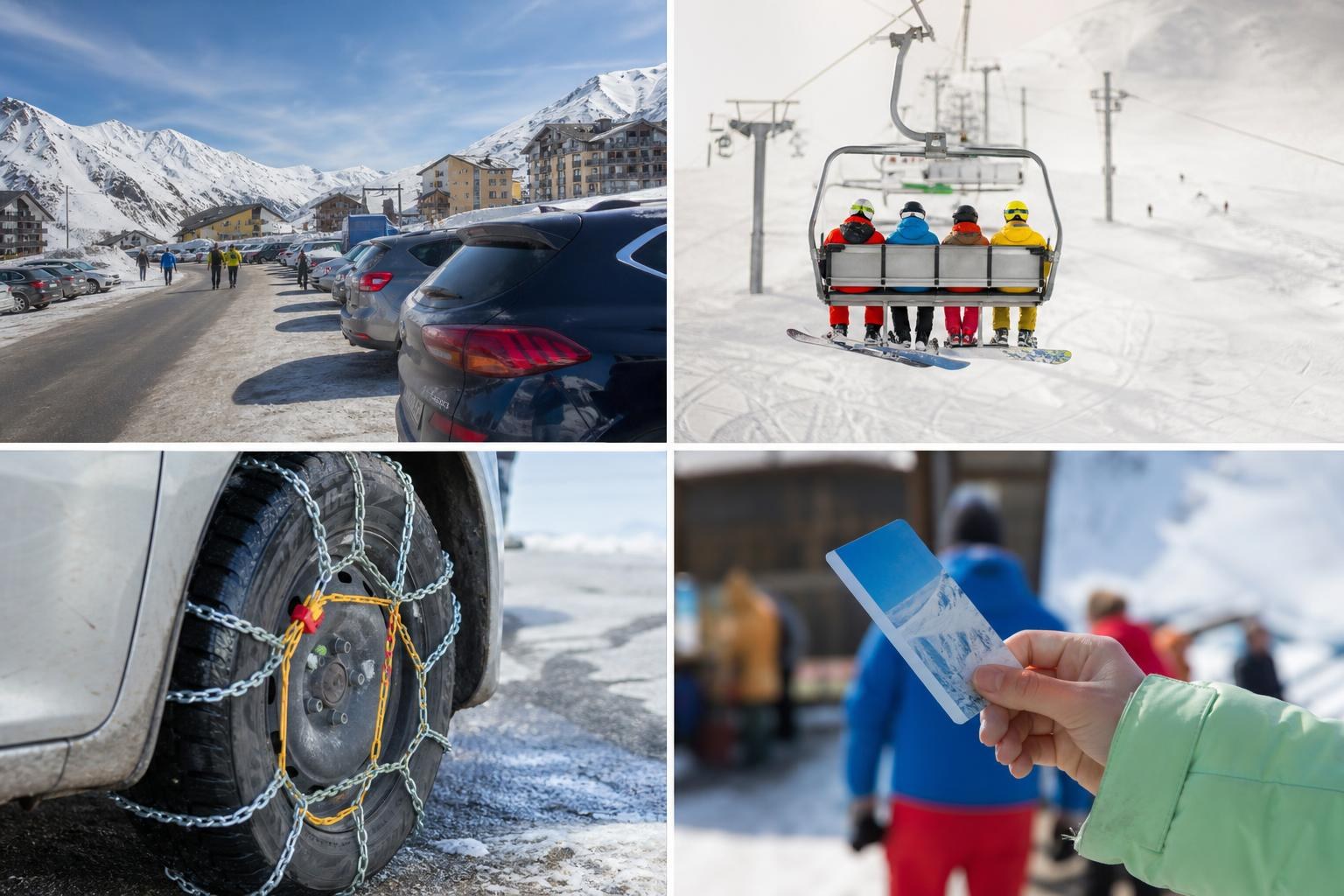 Four-panel collage showing a snowy resort parking lot, skiers on a chairlift, snow chains on a car tire, and a hand holding a blue lift pass.