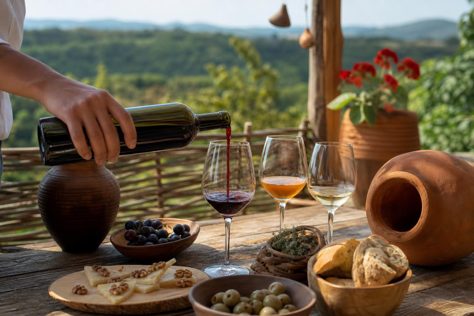Red wine poured into a glass on a rustic wooden table with amber and white wine, cheese, and bread overlooking a lush green valley.