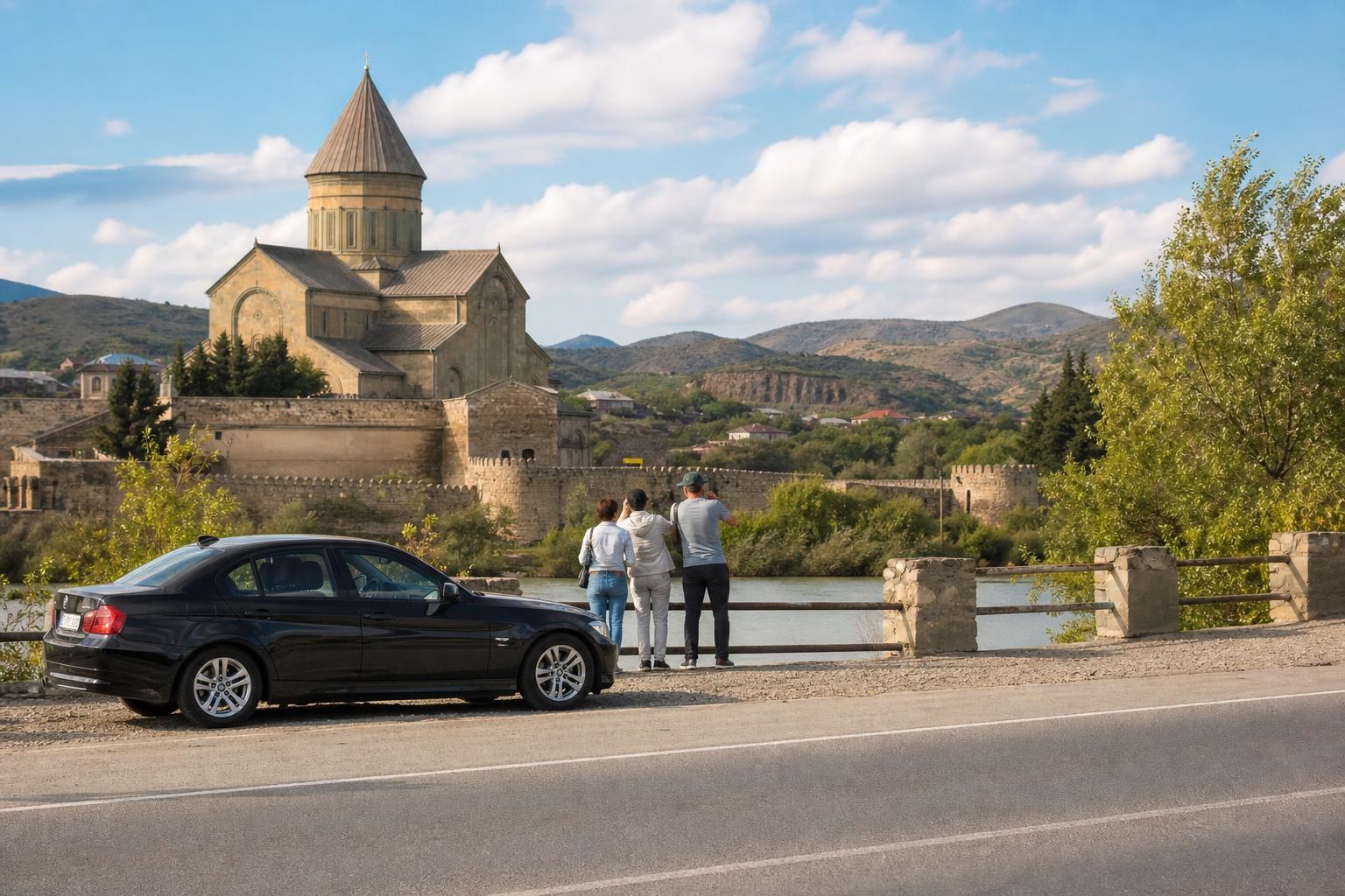 Black sedan parked by a roadside railing where three people view the Svetitskhoveli Cathedral across a river under a blue sky.