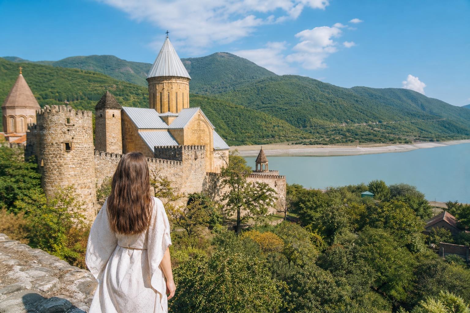 Woman in a white dress overlooking Ananuri Fortress and the turquoise Aragvi River, surrounded by lush green mountains under a blue sky.