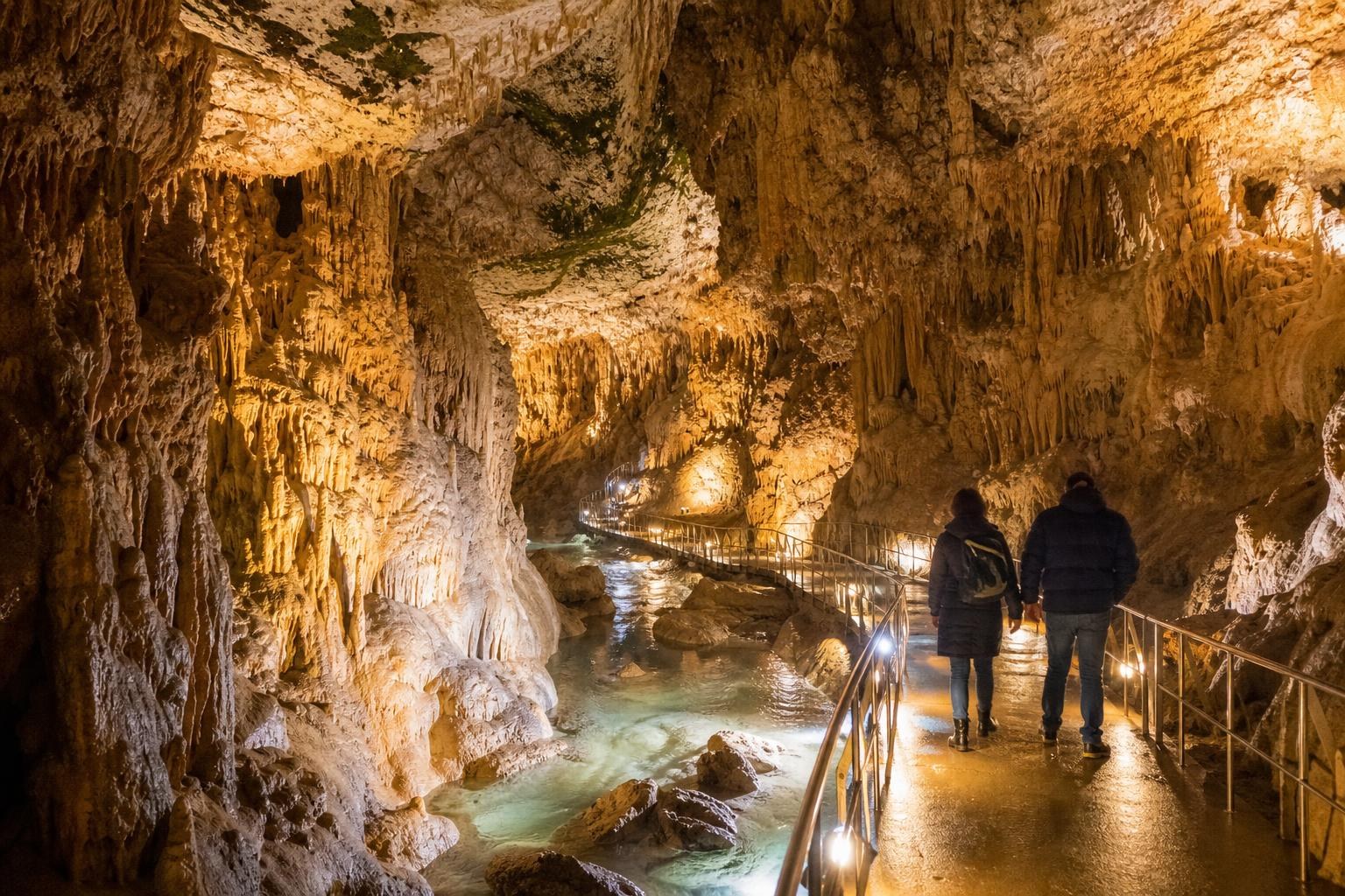 Two people walk along a lit metal walkway inside Prometheus Cave, surrounded by glowing stalactites, stalagmites, and a turquoise underground river.