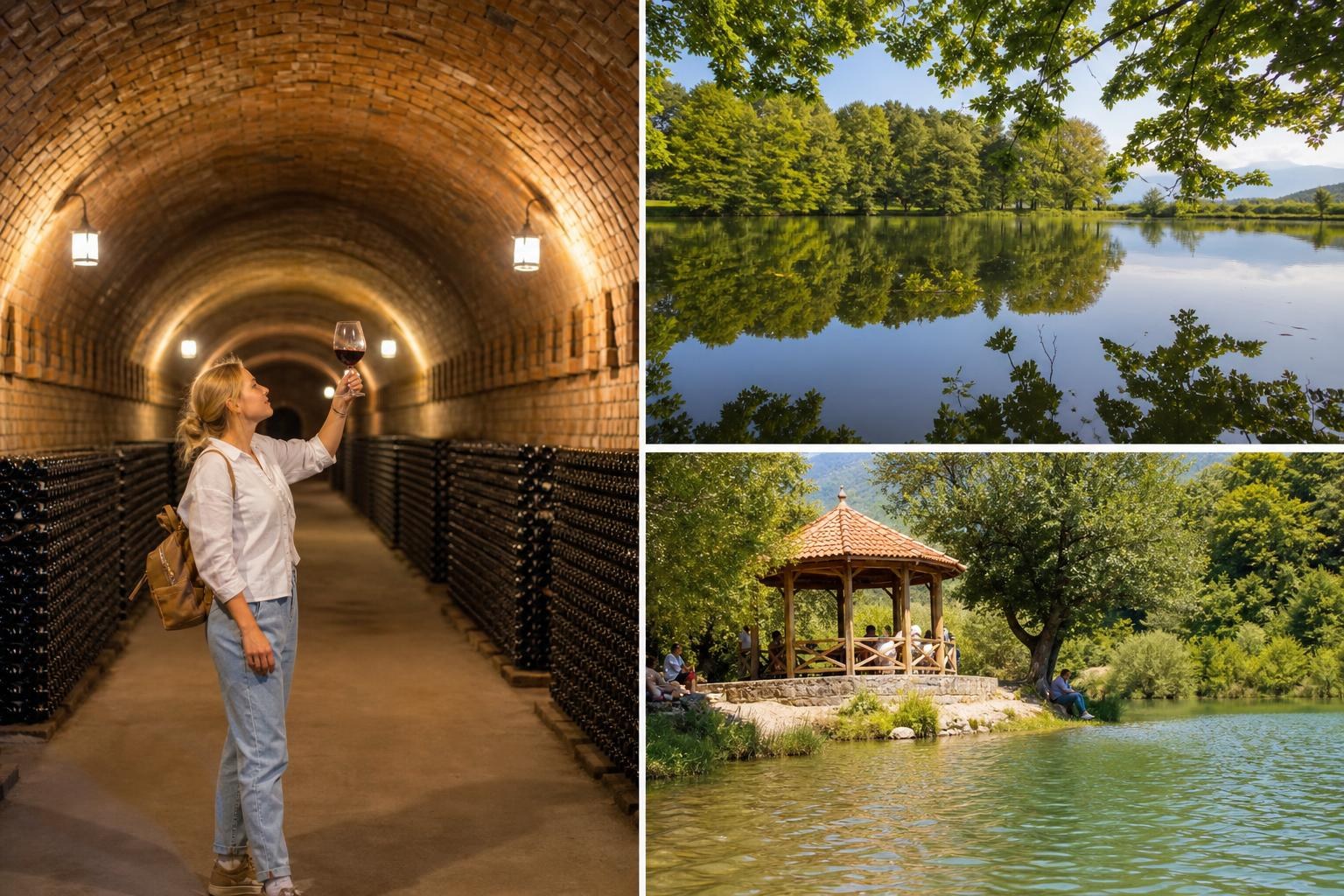 Collage of a woman tasting wine in a brick tunnel, a calm lake reflecting green trees, and a wooden gazebo on a sunny lakeshore.