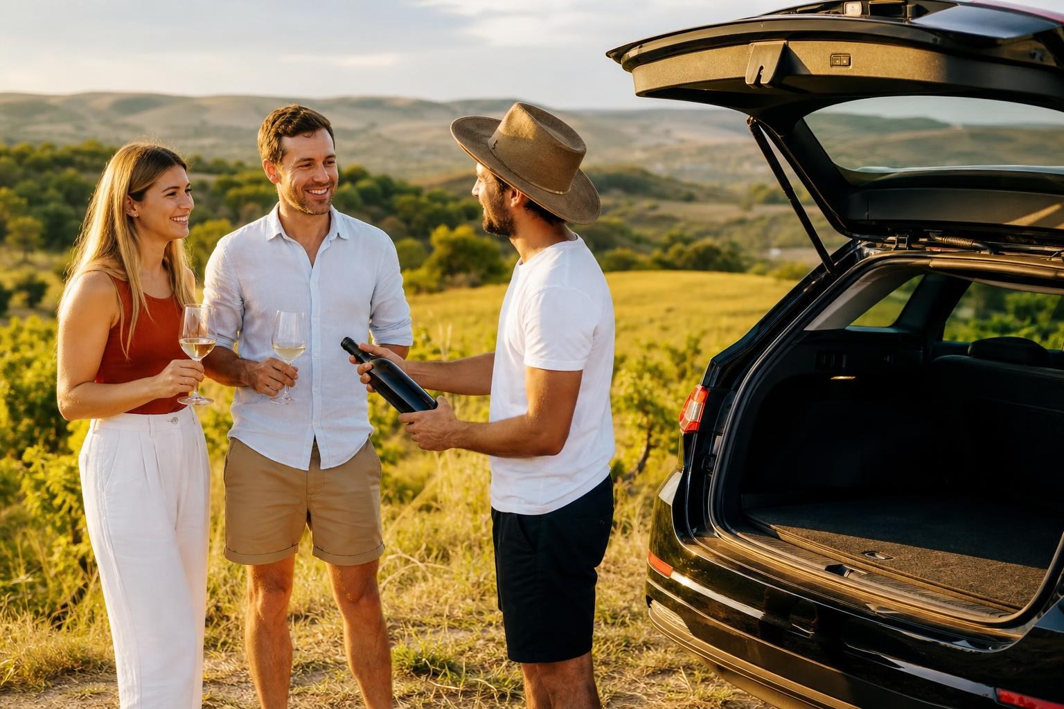 Three friends smiling and holding wine glasses by an open car trunk in a sun-drenched vineyard at sunset.