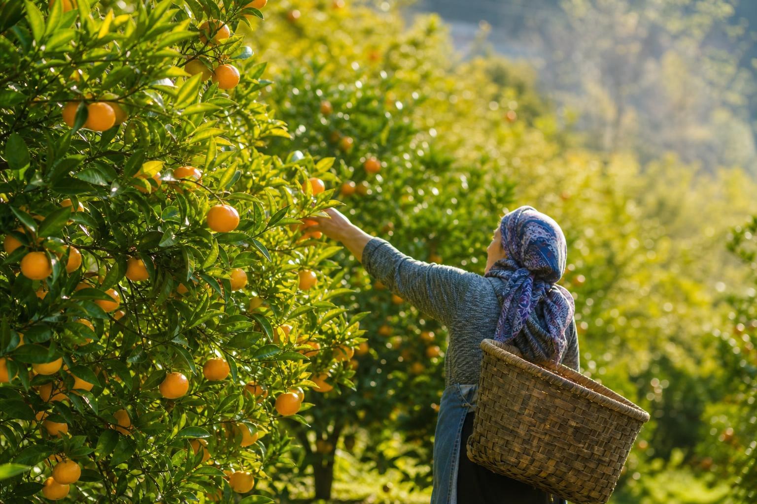 Woman in a headscarf picking ripe orange mandarins from lush green trees in a sun-drenched orchard, carrying a woven wicker basket on her back.