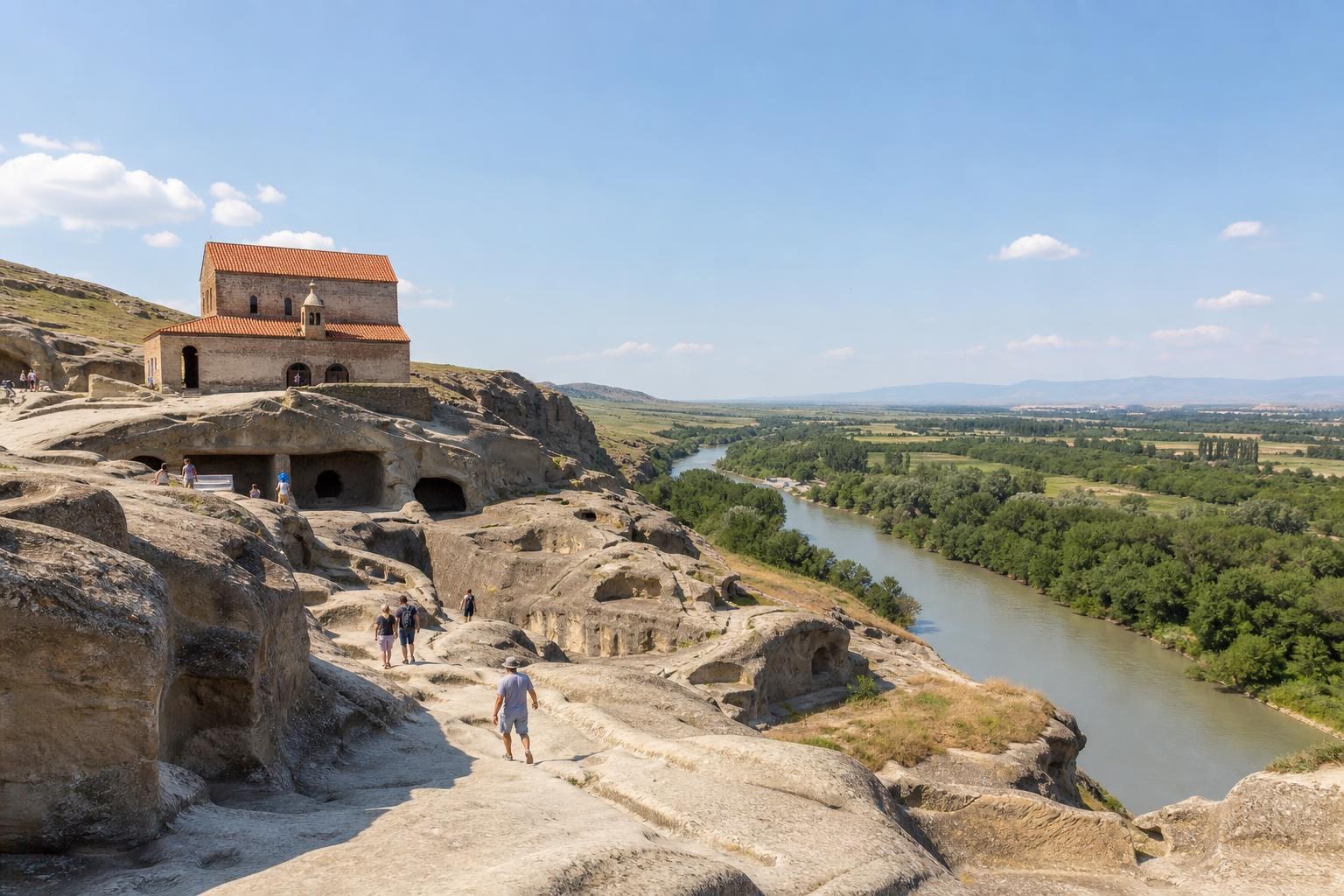 Ancient Uplistsikhe cave city in Georgia featuring a stone church with a red roof overlooking a winding river and green valley.
