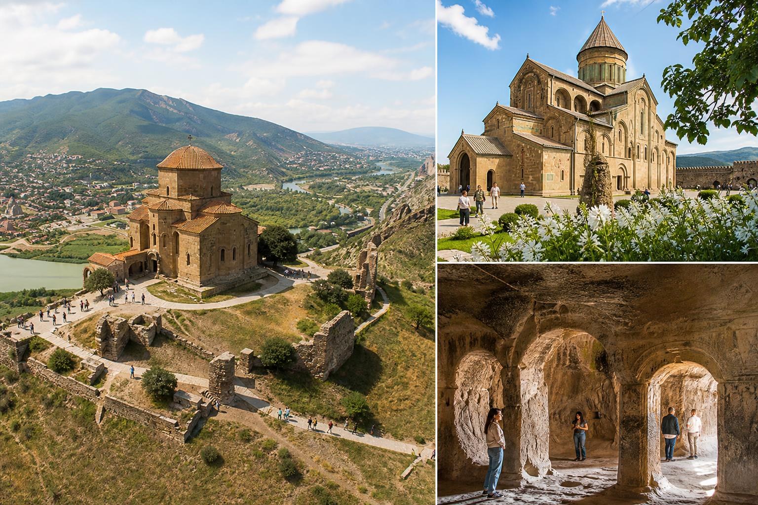 Collage of Jvari Monastery on a hill, Svetitskhoveli Cathedral behind white flowers, and tourists inside the rock-cut caves of Shio-Mgvime.
