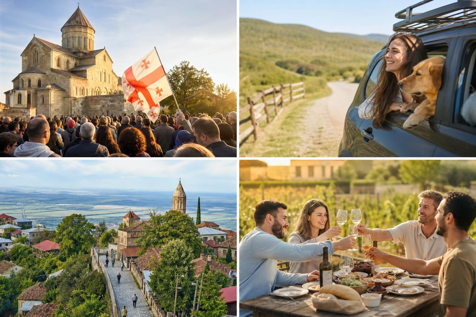 Four-panel collage showing a crowd at a Georgian cathedral, a woman and dog in a car, a hilltop village, and friends toasting at an outdoor vineyard.